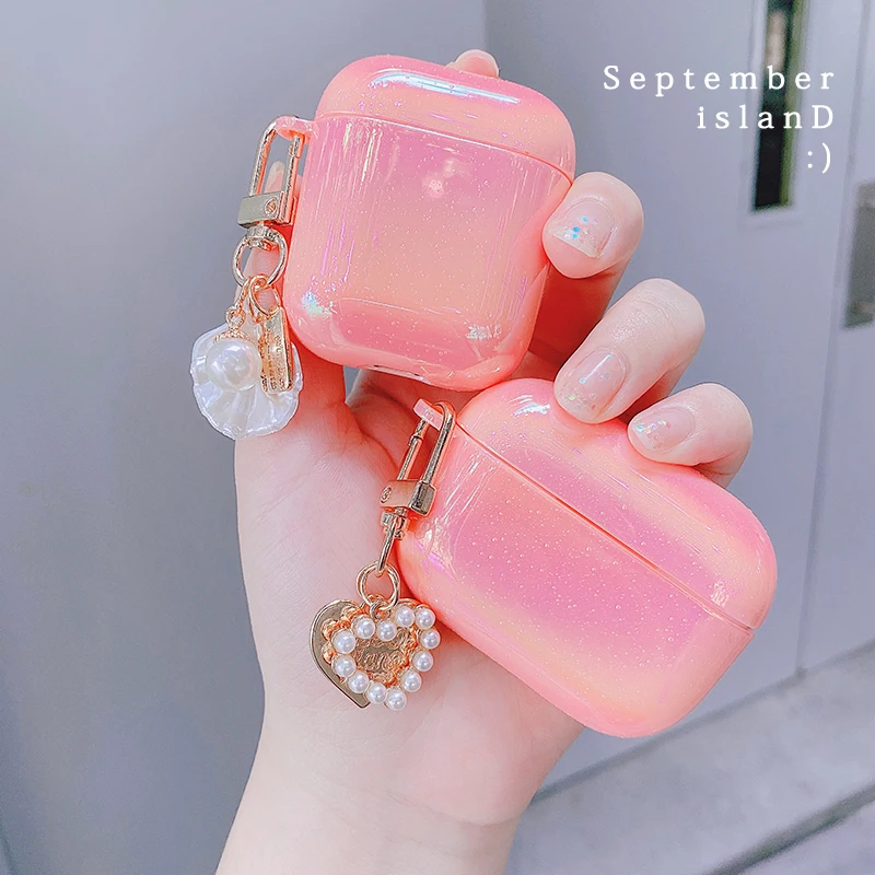 

3D Pearl Shell Keychain Water Rainbow Pink Hard Headphone Earphone case for apple airpods 1 2 cover for airpods pro Wireless
