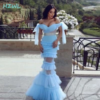 aso ebi off the shoulder prom dresses african sky blue see through tiered mermaid evening gowns plus size sexy robe de soiree