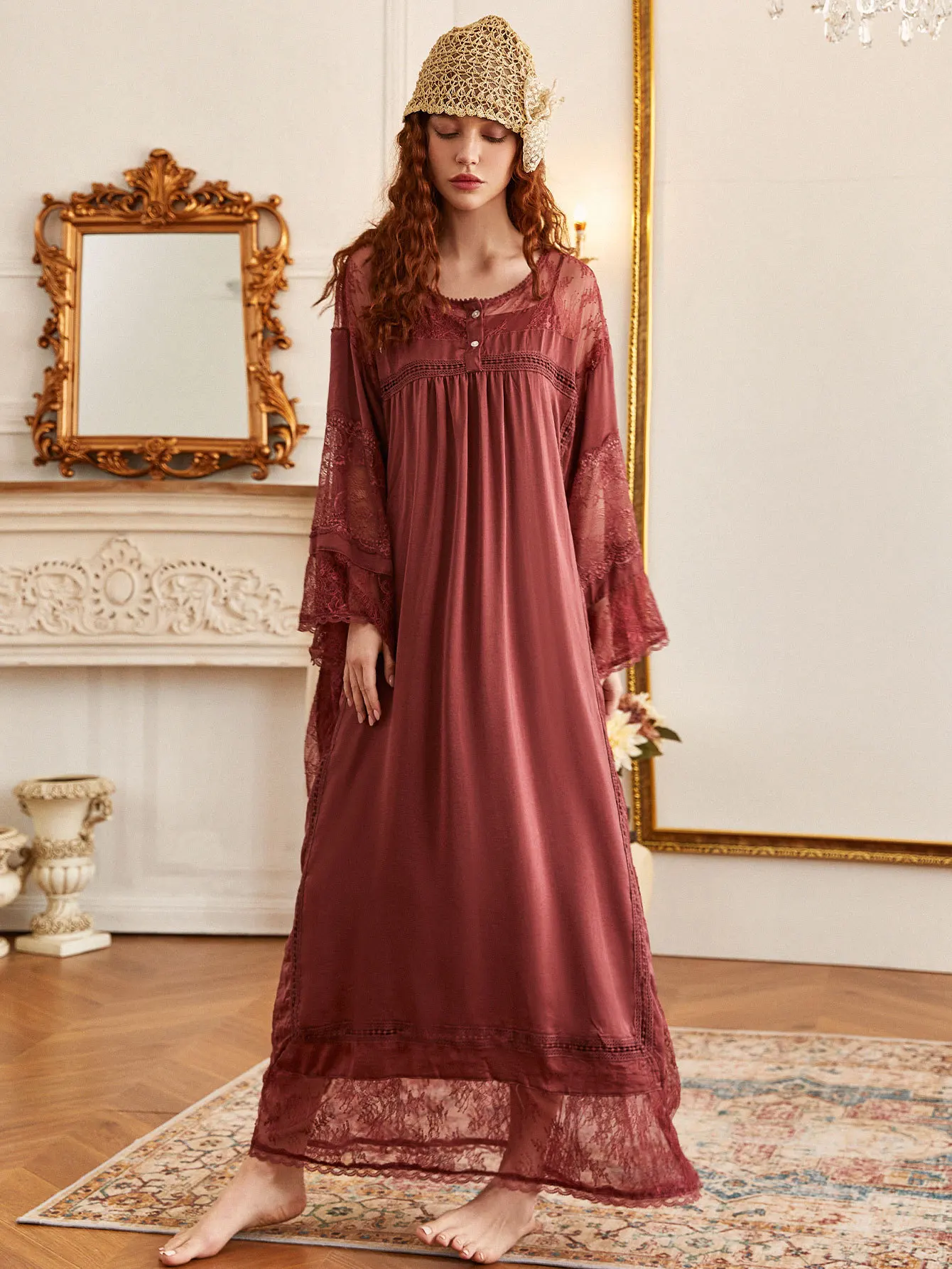 

Middle East Style Ladies Lace Loose Plus Size Nightgown 2-piece Home Clothes Nightgowns Sleepshirts Robe Gown Sets