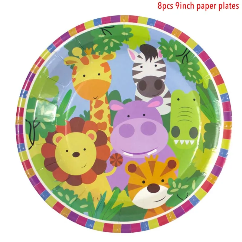 8pcs 9inch plates Джунгли животных вечерние Одноразовые Набор посуды бумажная салфетка под тарелку кружку мальчиков джунгли День Рождения украшения сафари вечерние принадлежности - Цвет: 8pcs 9inch plates