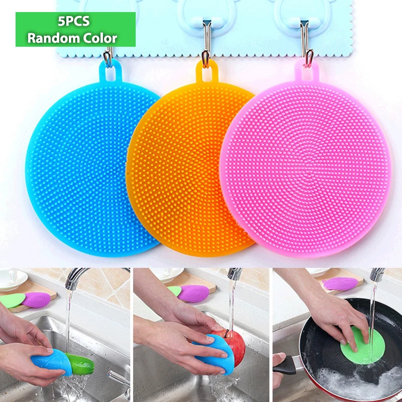 

5pcs Silicone Brush Kitchen Dishwashing Soft Silicone Sourcing Pad Decontamination Pot Bowl Cleaning Brush Anti Hot Table Mat