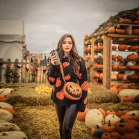 black pumpkin cartoon print women sweater o neck long sleeve loose female pullovers autumn casual streetwear tops autumn 2021