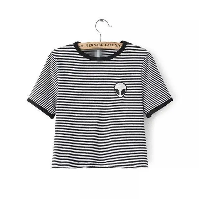 Striped T-Shirt Милый 3D печать иностранцев укороченный топ новое летнее платье с О-образным вырезом короткий рукав Футболка для девушек Для женщин футболки Футболки для женщин, для девочек-подростков - Цвет: Striped T-Shirt