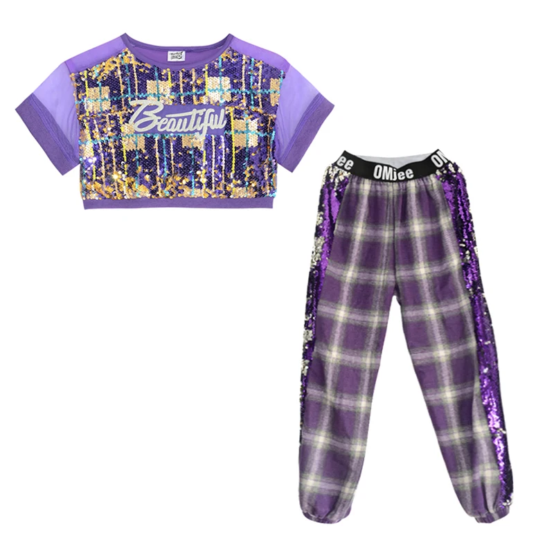 Girls Jazz Dance Costume Kids Hip Hop Purple Sequin Suit Children Street Performance Clothes Catwalk Show Outfit DQL1909 |