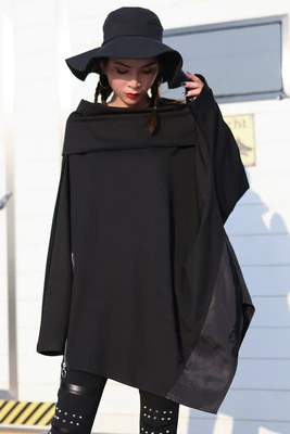 

Europe and the United States fat MM pile collar personality Patchwork Hoodie bat sleeve early spring long size hoodie