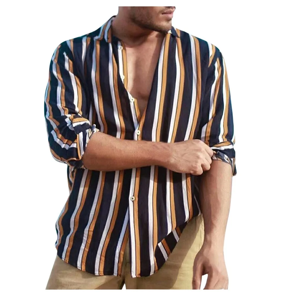 

button up men shirt long sleeve fashion stripe mens shirts casual slim fit Cotton Linen autumn d91019
