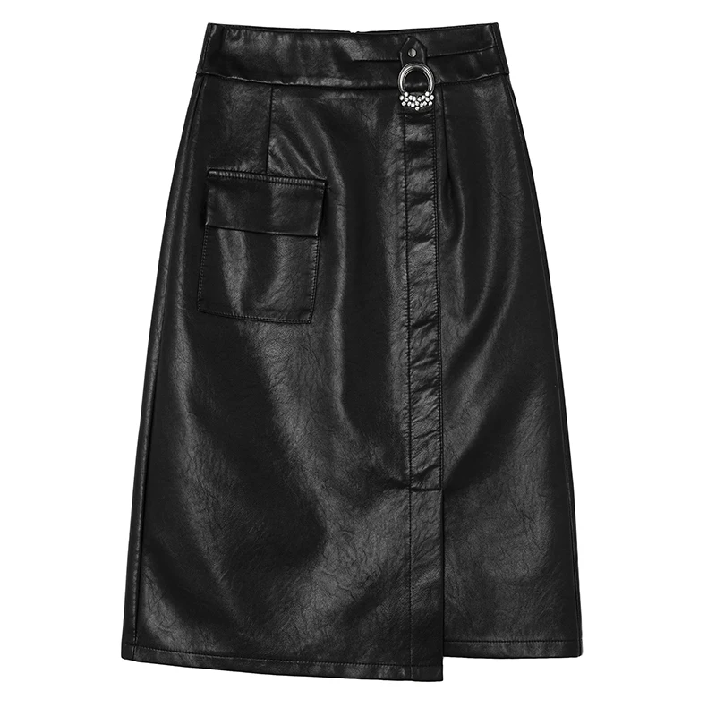 

2020 Autumn Winter Black PU Leather Irregular Skirts Pocket Vintage Wrap Skirts High Waist Midi Skirts Female
