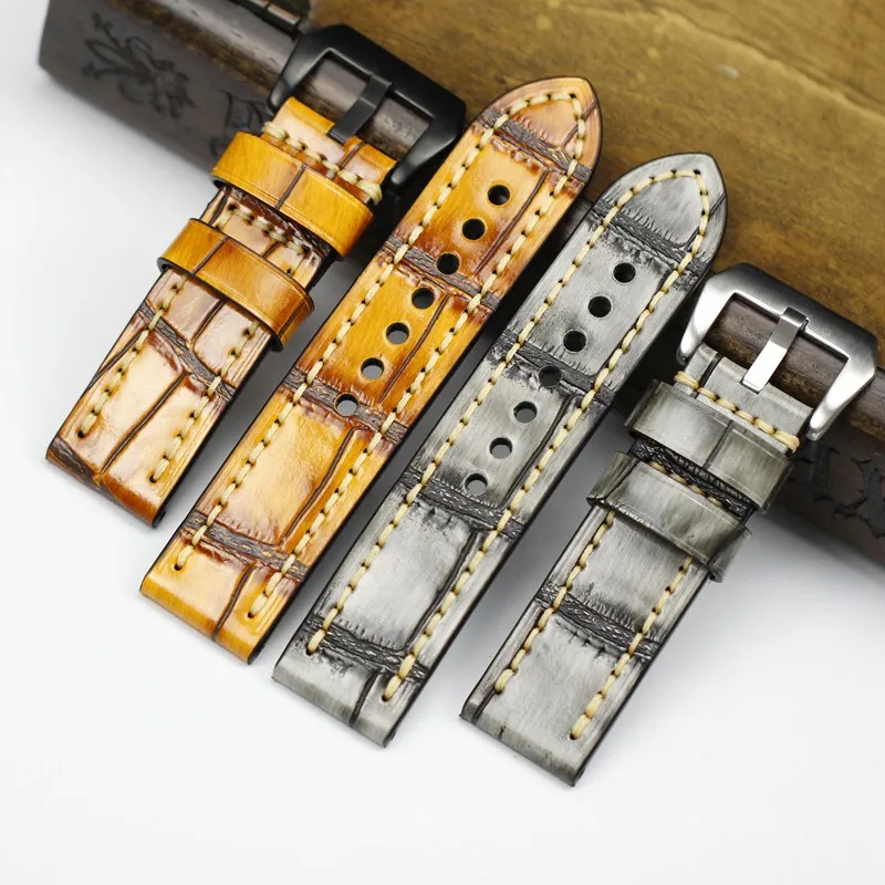 

Handmade 24mm Gray Yellow Crocodile pattern Genuine Leather Retro Watchband Wristband For PAM Big Pilot DZ Watch Strap Bracelet
