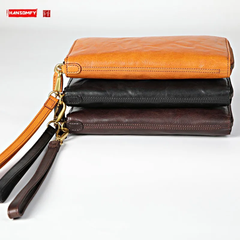 Original New Handmade Long Wallet Simple Men's Leather Clutch Bag Casual Wild Men Zipper Purses Mobile Phone Bags