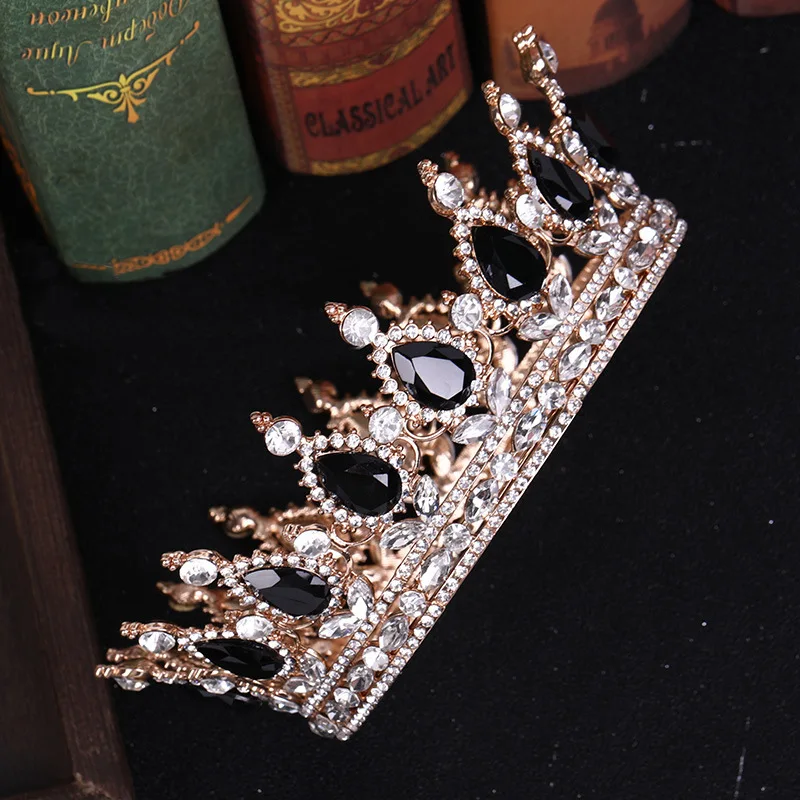 Luxury Round Queen Crowns Shinny Crystal Gold Bridal Tiara With Burgundy Rhinestones New Princess Marrige Accessory SQ0295 - Цвет: black rhinestone