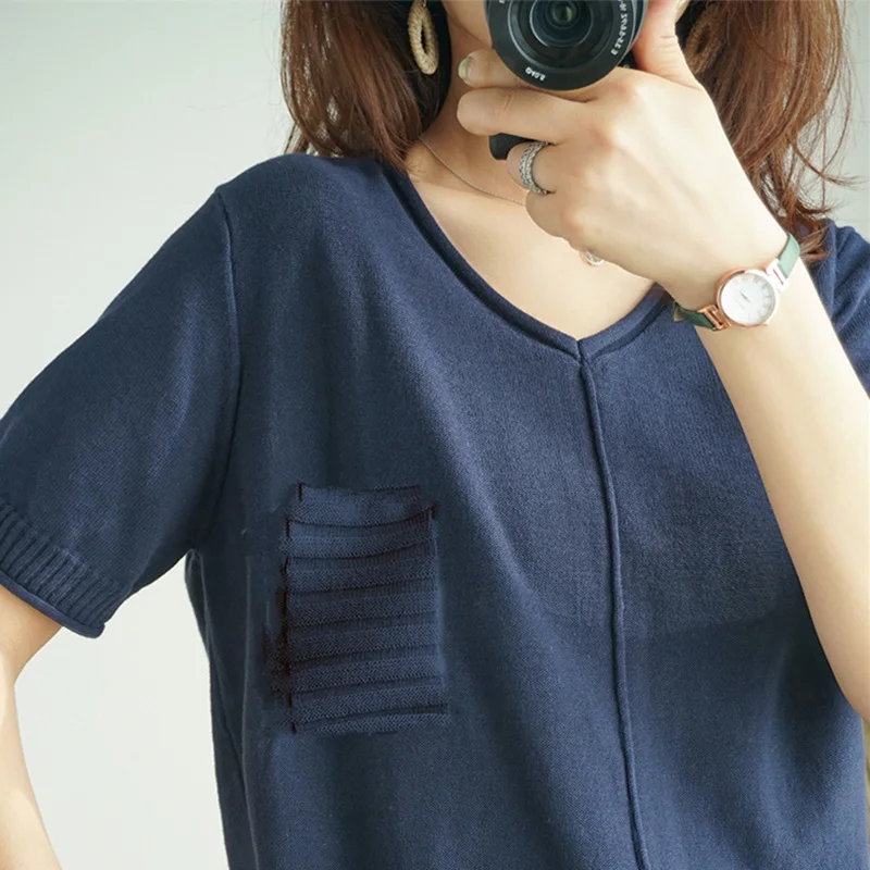 Свитер женский трикотажный с V-образным вырезом и коротким рукавом | Женская