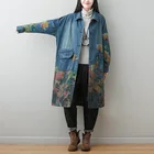 Женское джинсовое пальто Johnature, осенне-зимнее пальто в стиле ретро с отложным воротником и цветочным принтом, новинка 2021, ветровка с длинными рукавами и карманами