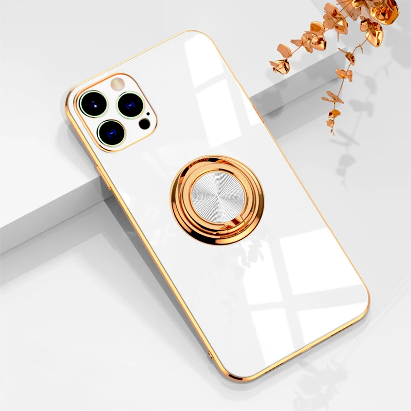 

Luxury Ring Case For iPhone 12 11 Pro Max XS XR X S 7 8 Plus SE 2020 Mini Plating Silicone TPU Soft Cover With Ring Holder Stand