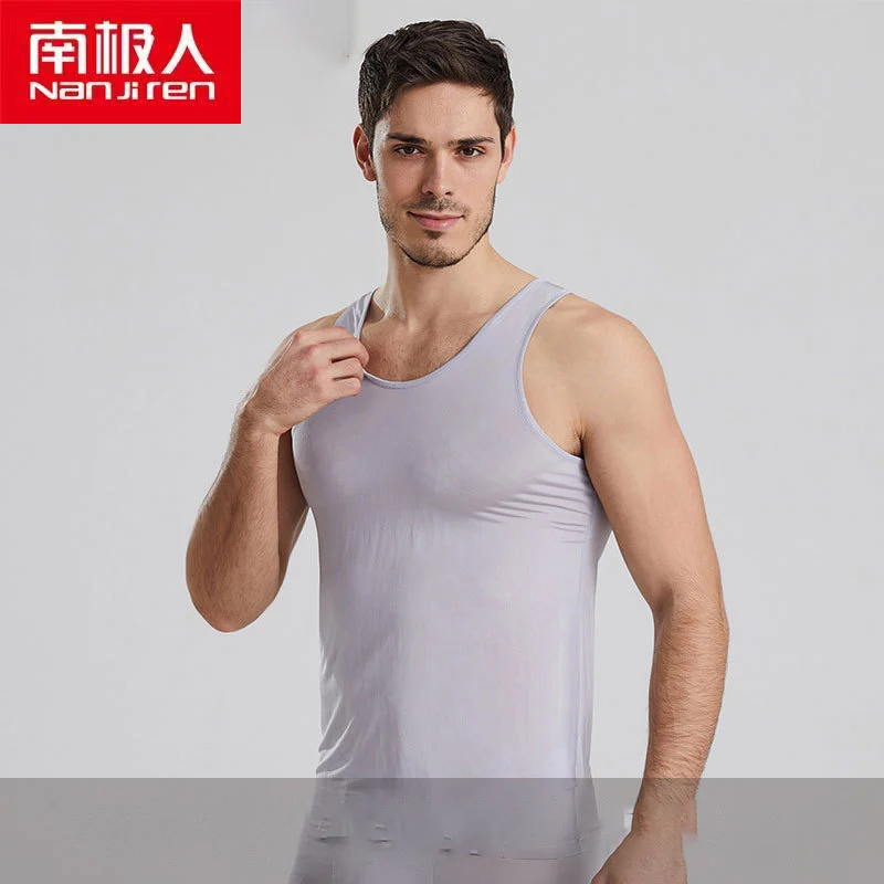 

Nanjiren Men Clothing Men Solid Color Tops Breathable Youth Popular Casual Style O-Neck Silk T-shirt Without Sleeves For Men