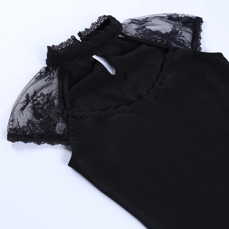 

Summer Fashion Slim Sexy Cute Patchwork Lace Short Sleeve Tee SML Hollow Out Woman Casual Skinny T-Shirt Lady Crop Top Tshirt