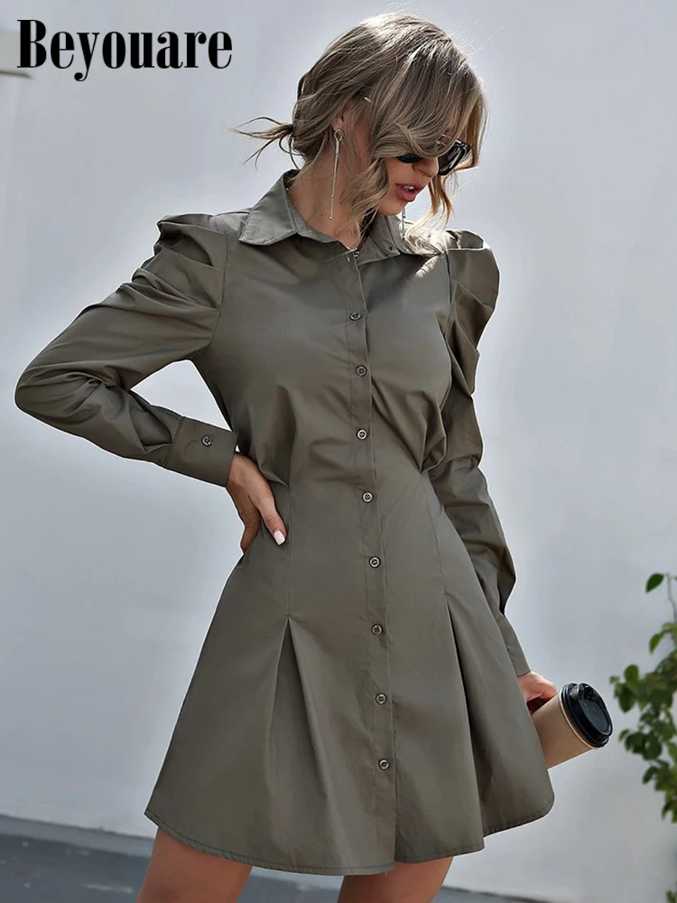 

Beyouare Elegant Women Shirt Dress Turndown Collar Puff Sleeve Elastic Waist Folds Party A Line Mini Dress Autumn Casual Fashion