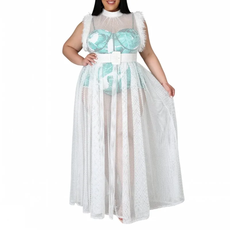 

Plus Size Two-piece Clothes Spaghetti Strap Playsuits And Dress Matching Set Sexy See-through Dress Fashion Women 2 Piece Outfit
