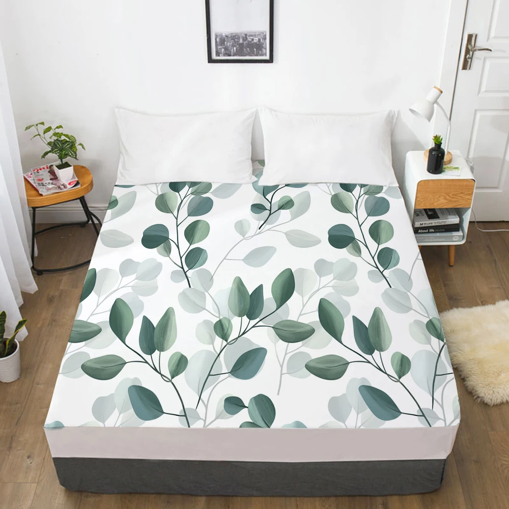 

New Product 1pc 3D HD Nordic Fitted Sheet Mattress Cover Four Corners With Elastic Band Bed Sheet 160x200 150x200 Green leaf