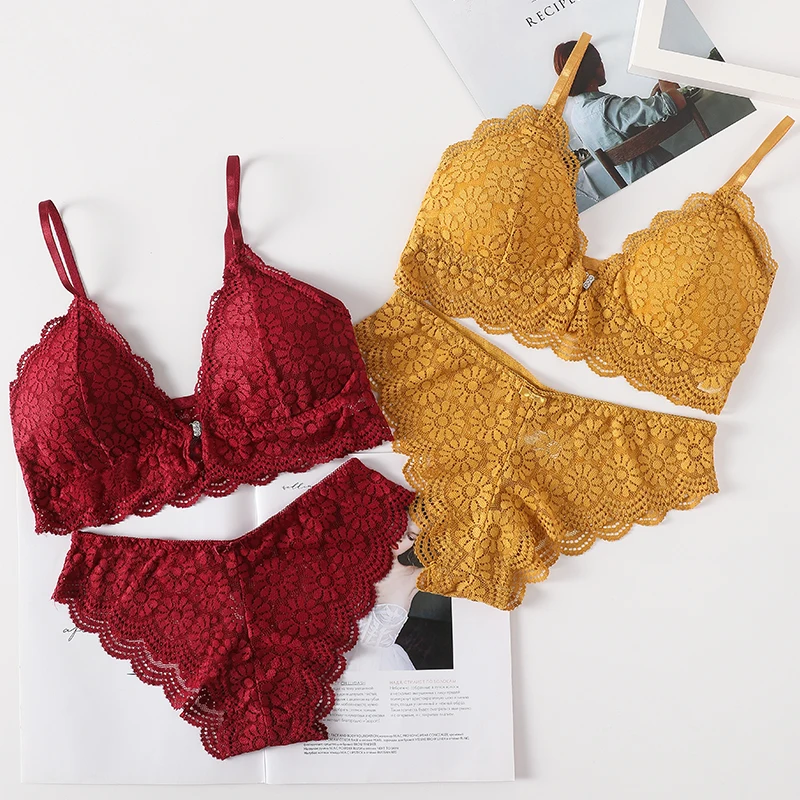 

Front Cloure Lace Triangle Bra and Classic Brief Set Women Bralette Push Up Seamless Underwear Embroidery Brassiere Panties Set