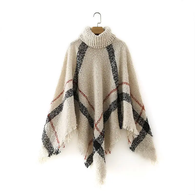 

2020 New Autumn Winter Women Cloak High Neck Knitted Warm Vintage Checked Raw Edge Cape Coat Women Pullover Tops