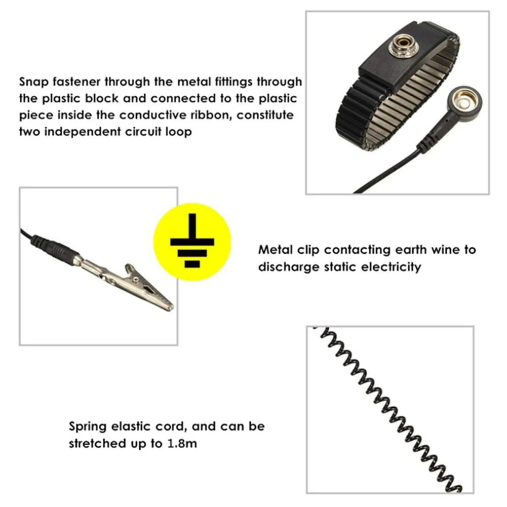 

Reusable Anti Static Metal ESD Adjustable Wrist Strap PU Coated Discharge Bracelet with Grounding Wire Alligator Clip