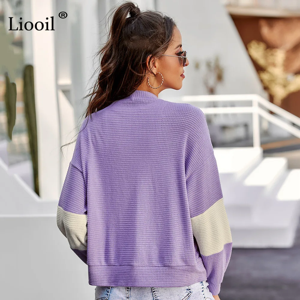 

Casual Cotton Cardigan Coat Woman 2020 Autumn Winter Clothing Color Block Long Sleeve Female Loose Patchwork Purple Outwears