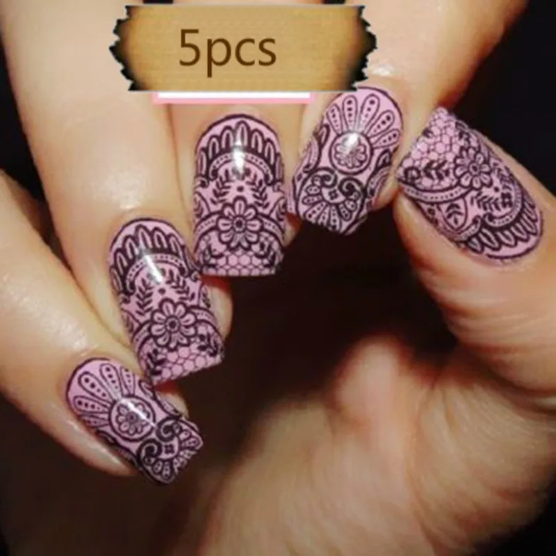 5 шт./компл. Водные Наклейки для дизайна ногтей Переводные черные кружевные розы