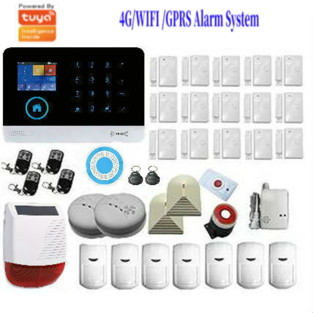 

4G SIM Network WIFI Home Burglar Alarm Panel Tuya APP Wireless Home Security Alarm System Solar Power Siren Smoke Fire Sensor
