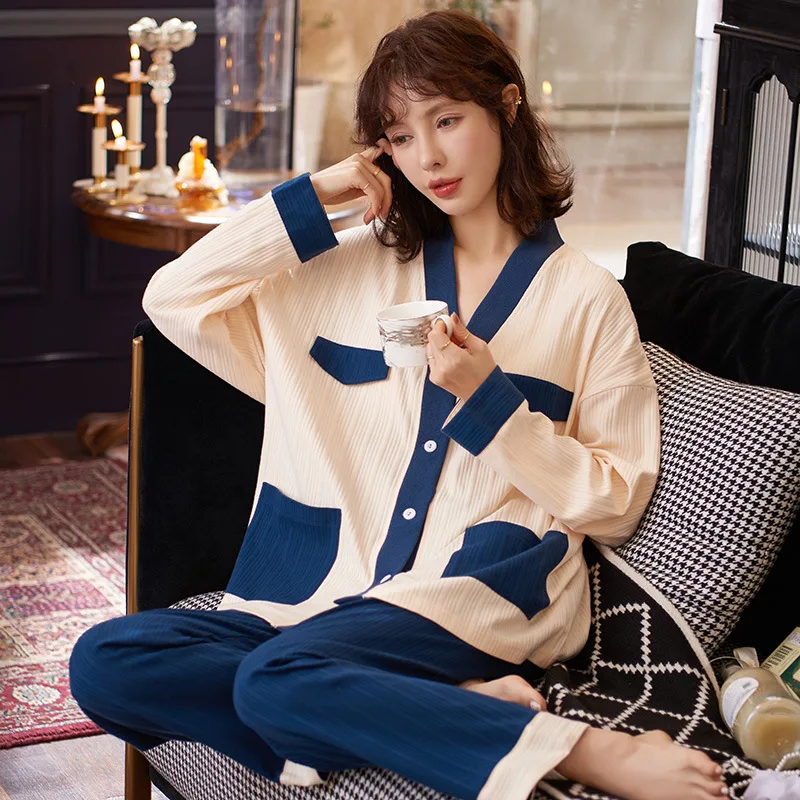 

Женский пижамный комплект из 2 предметов, всесезонные хлопковые брюки с длинным рукавом, домашняя одежда, модная Синяя Женская пижама в стил...