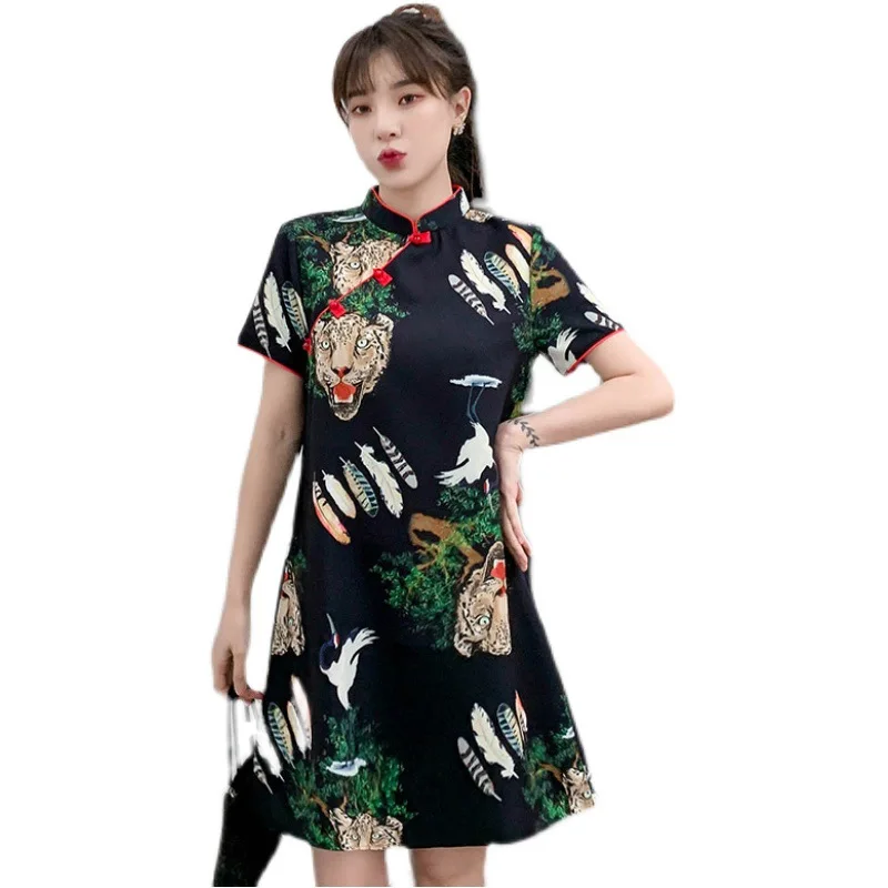 

Modified Guofeng Retro Printed Dress Summer Daily Modern Fashion Young Short Cheongsam