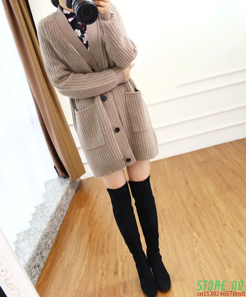 

Fall Winter Wool Cardigan Women's Mid-length V-neck Sweater Loose Thick Cashmere Knitted Jacket
