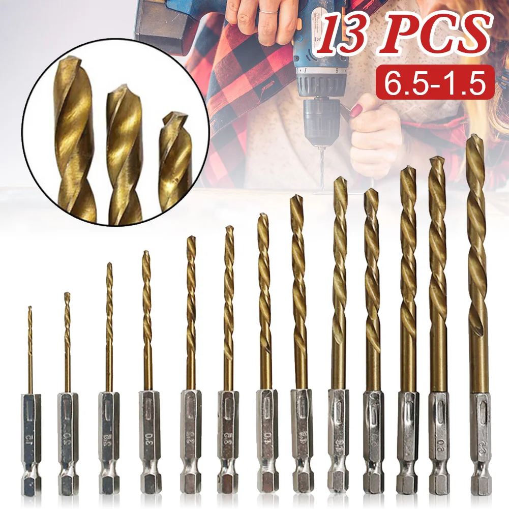 

High Quality 13pcs/lot HSS High Speed Steel Titanium Coated Drill Bit Set 1/4 Hex Shank 1.5-6.5mm Twist Drill Bit