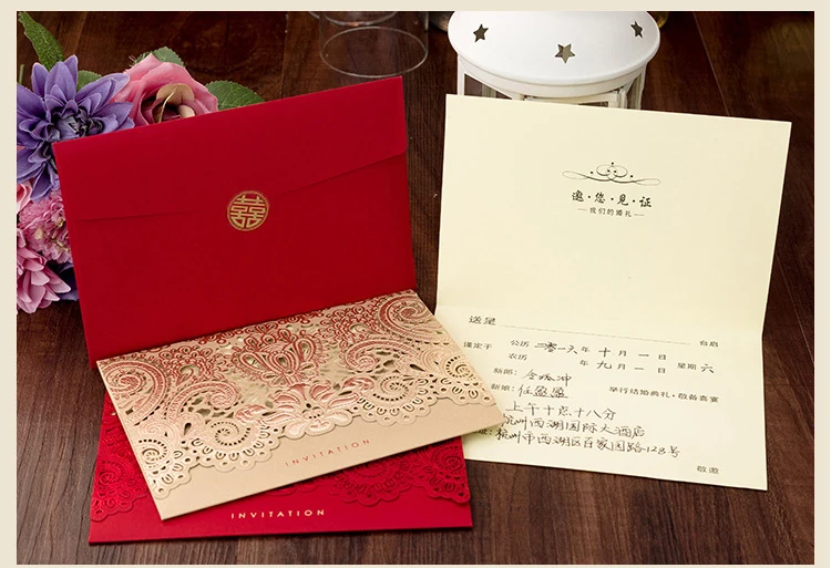 Пригласительные открытки на свадьбу 50 шт. красное/золотое элегантные с Цветочным