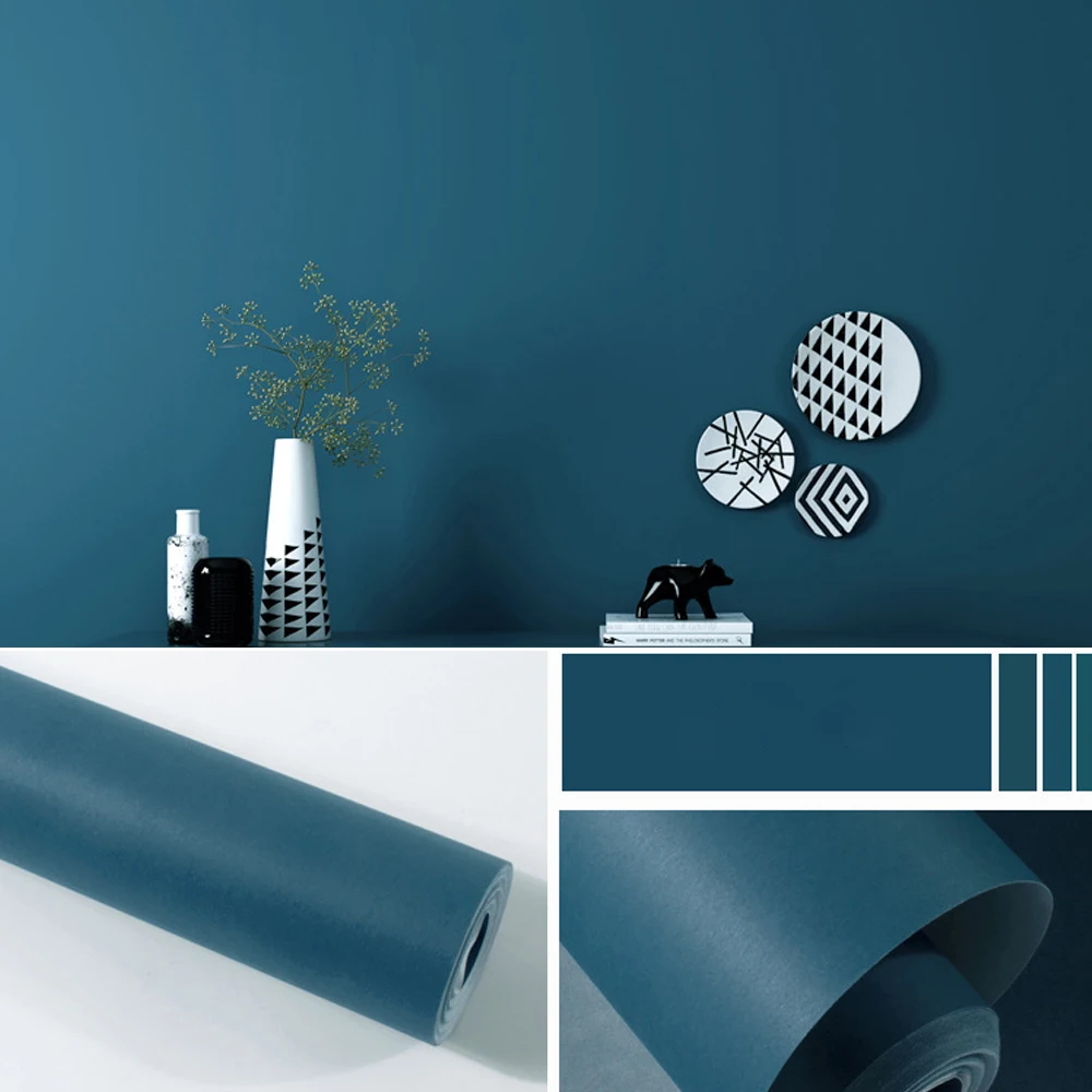 Q QIHANG Modern Minimalist Solid Color Living Room Bedroom TV Background PVC Wallpaper Dark Blue 0.53m*10m=5.3m2 | Обустройство дома