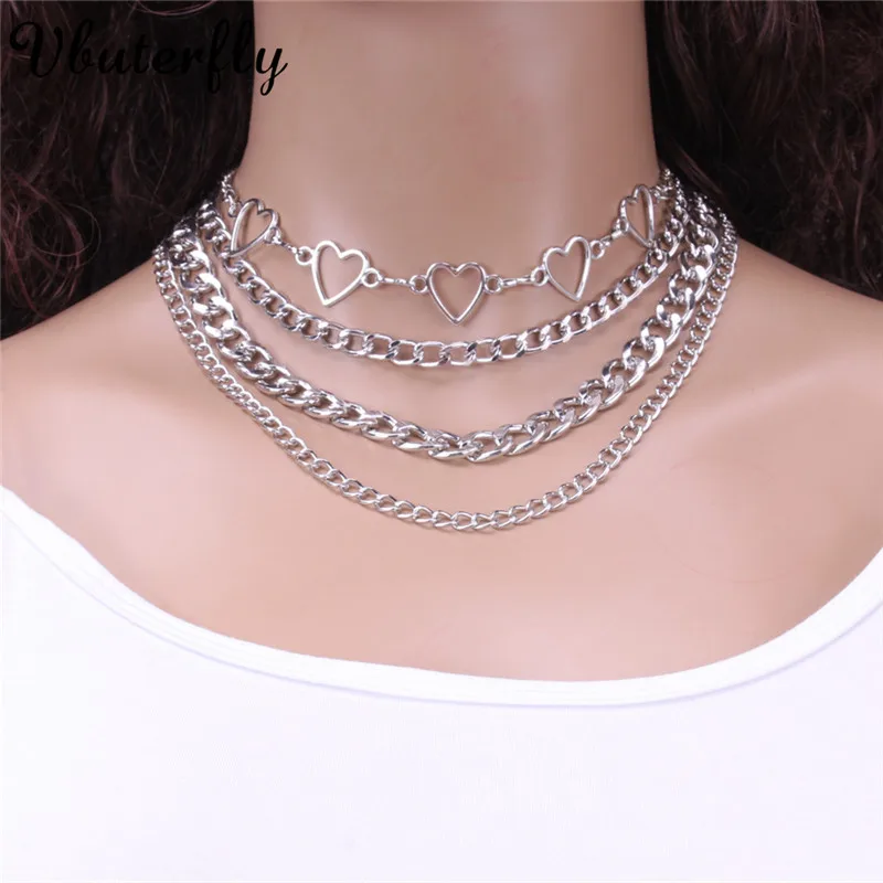 

Silver Plated Hollow Heart Shape Necklace Hip-hop Punk Jewelry For Women's Wedding Party Chunky Layered Lolita Choker 12.2+2.9in