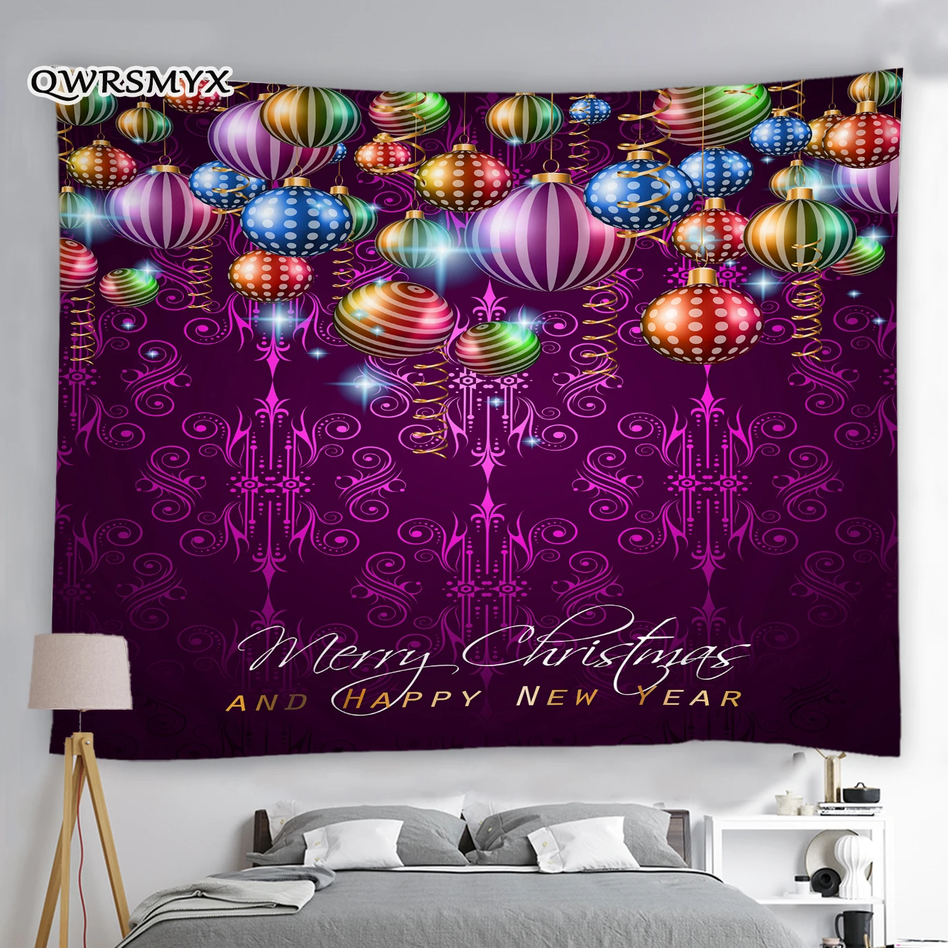 

Christmas Tapestry Wall Hanging Xmas Bell Colored Lights Purple Wall Tapestry for Party Living Room Bedroom Dorm Home Decor