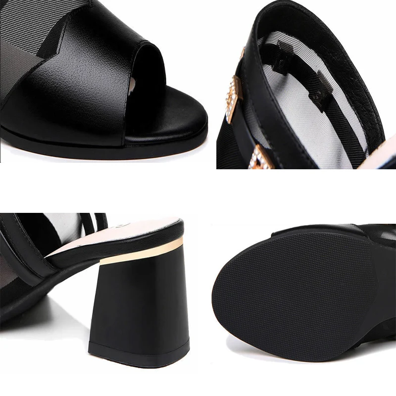 

Women Solid PU Leather Lace Breathable Square Heel Slippers Sewing Metal Decoration Peep Toe Light Non-Slip Sandals Office Shoes