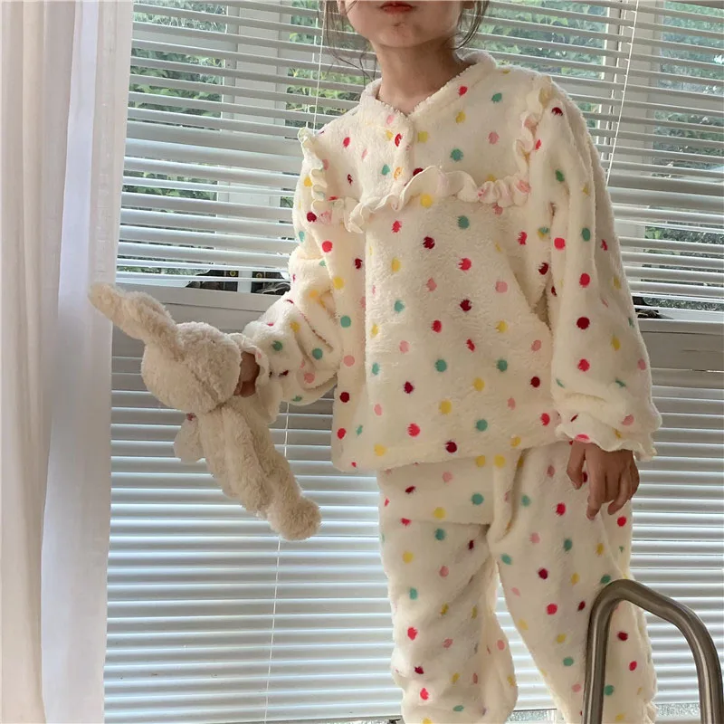 

Conjunto De pijama con puntos coloridos para niña, ropa De dormir De manga larga, Tops y pantalones, Conjuntos coreanos De 2