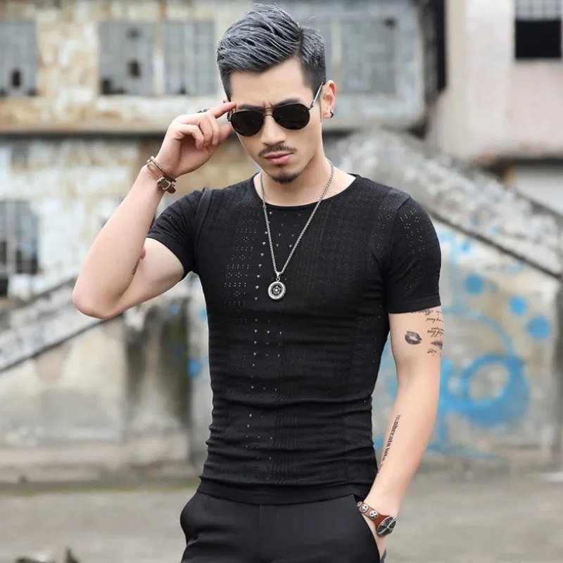 2020 Summer New Mens Short-sleeved T-shirt Korean Slim Fit Collar Ice Silk Hollow Out Youth Personality Trend | Мужская одежда