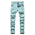 Мужские рваные джинсы Y2K с зелеными дырками, уличные прямые брюки, трендовые брюки