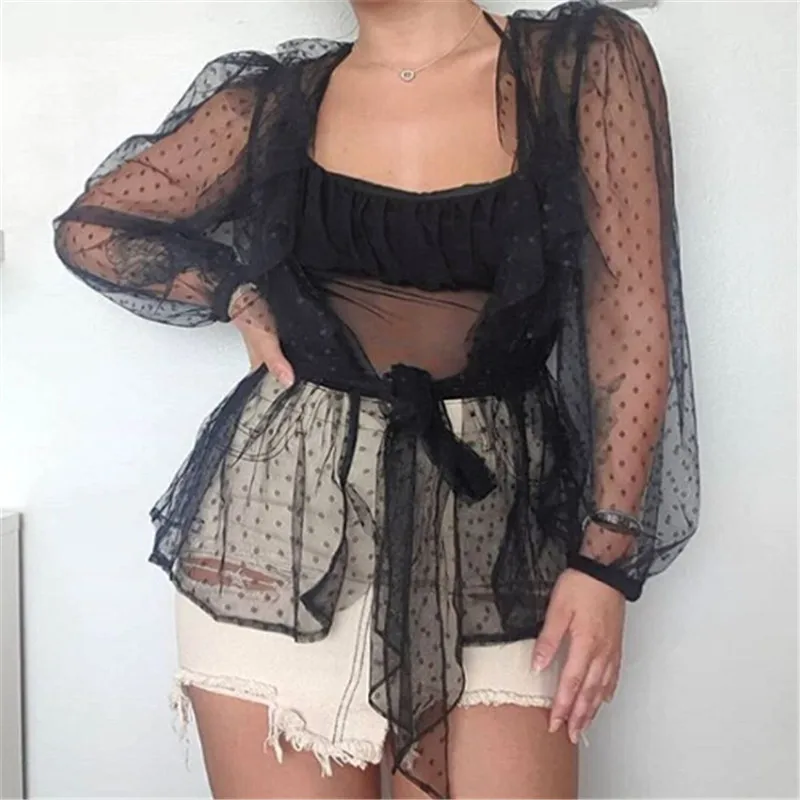 

Fashion Women Perspective Mesh Puff Sleeve Sheer Mesh Wrap Tops Beach Swim suit Cover up Blouse Tops