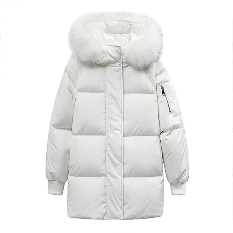 

Женские пуховики, зимняя женская куртка, толстая меховая парка с капюшоном, длинная 90% верхняя одежда, белый пуховик, новинка