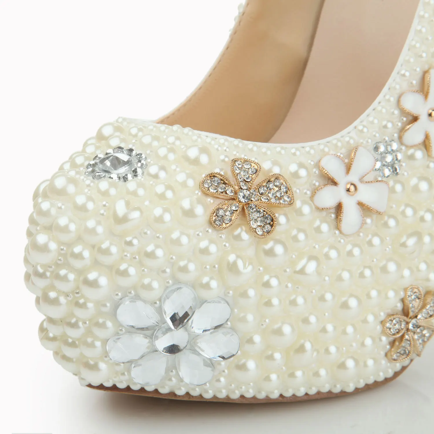

Handmade Ultra-High Heel White High-End Banquet Waterproof Platform Party Sexy High Heels Crystal Pearl Wedding Shoes