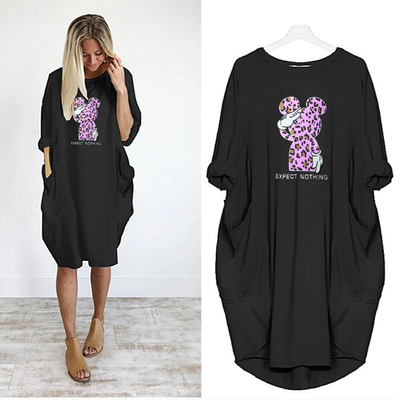

Fashion Dresses Women Leopard Mickey Print Midi Cute Dress Pocket Long Sleeve Robes Femme Vintage Fashion Vestido Summer Fall