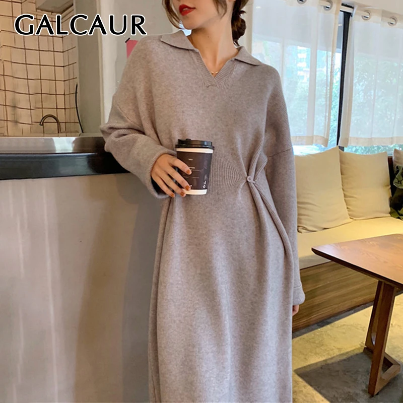 GALCAUR Повседневное трикотажное платье для женщин с отворотом воротник длинным