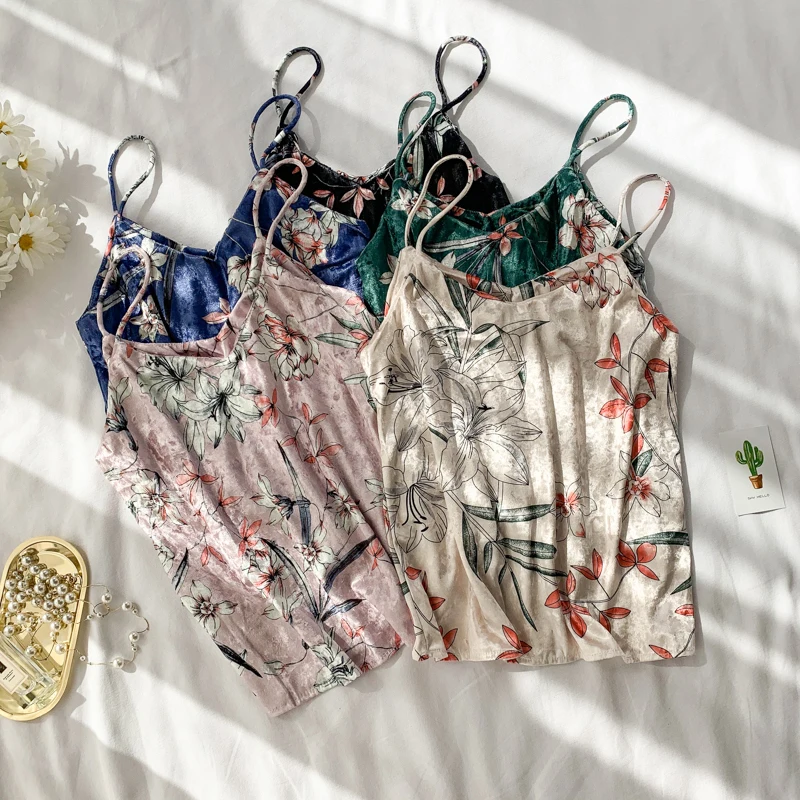 Женский винтажный топ на бретельках без рукавов с велюровым принтом весну осень