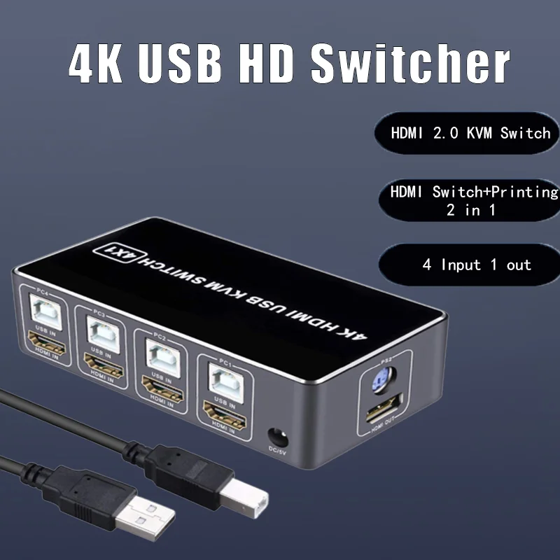 4 port HD KVM Switch HDMI-compatible 4K USB HD Switcher HD KVM HDMI compatible 4 in 1 out 4K 30HZ win10/8/mac os. PC laptop