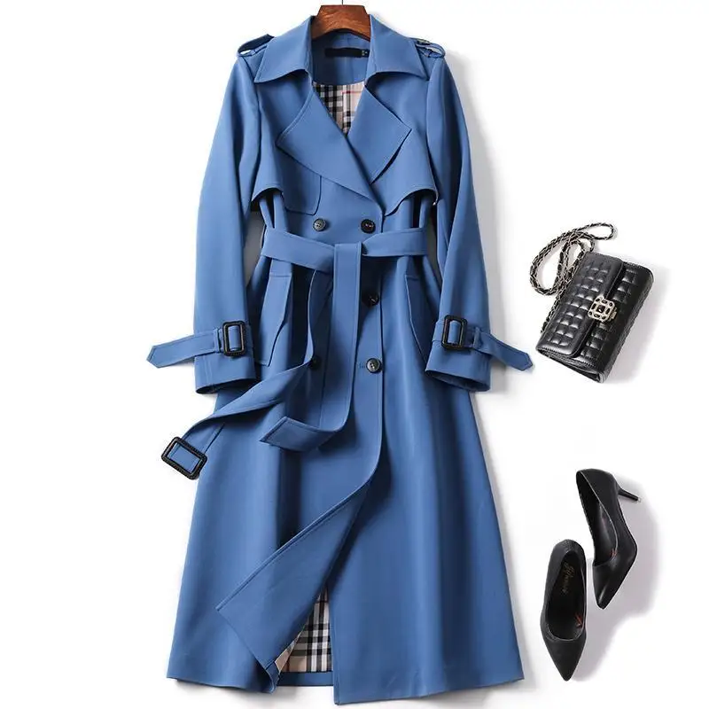 

Women's Long Trench Coats 2021 New Autumn Lapel Double Breasted Slim Windbreaker Korean Elegant Belted Solid Coat Ladies Outwear