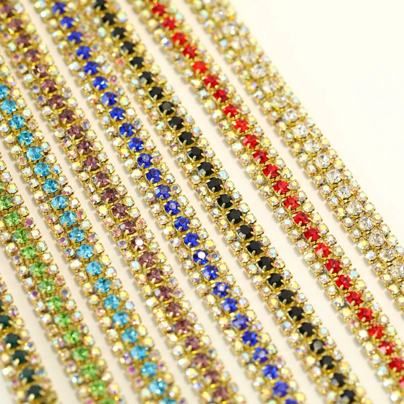 3 ряда 1 ярд стразы Кубок цепи с золотой коготь красочные Стекло Strass Rhinetones обрезки Швейные Ремесло украшения Y2286
