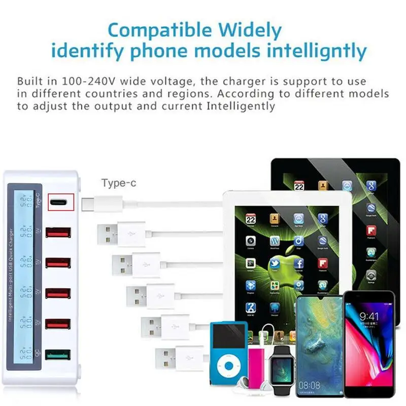 6 портов USB зарядное устройство Быстрая зарядка QC 3,0 SLCD дисплей зарядная станция Док-станция для samsung мобильного телефона+ type-C зарядное устройство концентратор адаптер